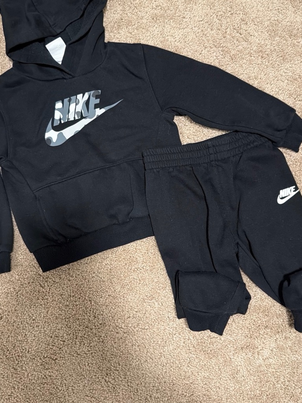 Nike Kids Black Hoodie & Jogger Set with Camo Swoosh